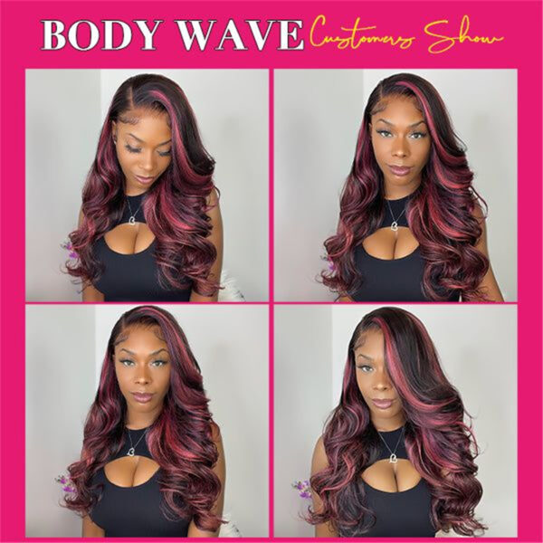Purple Highlights Body Wave 13x4 Transparent Lace Front Wig 180% Density - Image 3